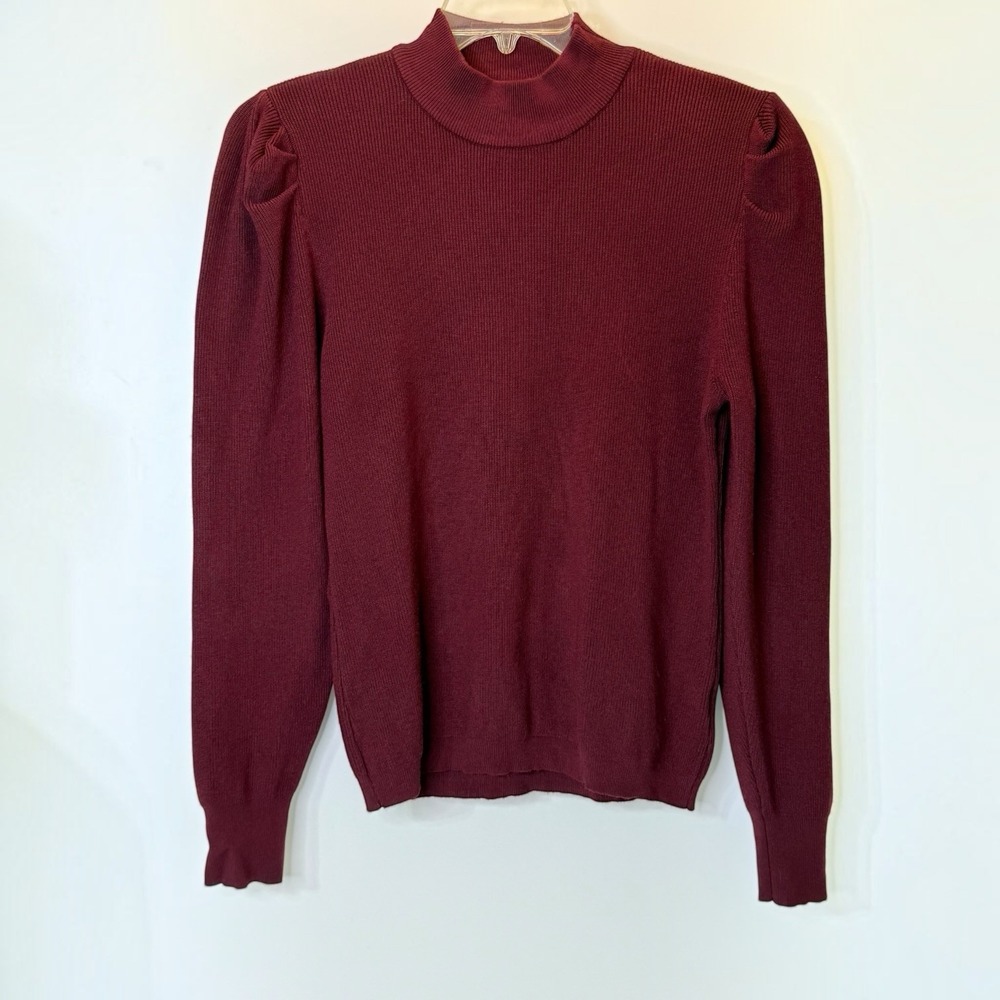 Cielo California Maroon Ribbed Mock-Neck Sweater Gathered Puff Shoulder Women XL